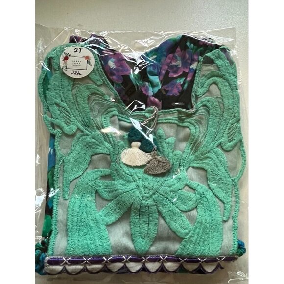 Label Jane Romper Girl 2T Green Floral Embroidery Pom Pom Summer Beach Girly - Picture 13 of 13